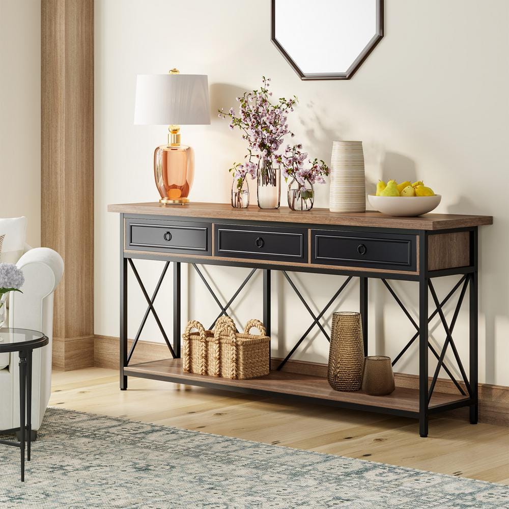 70.8" Black and Brown Wood Console Table with Storage