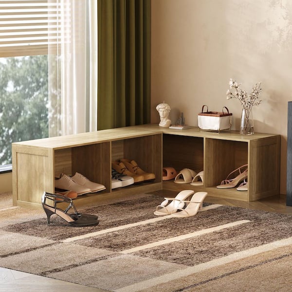 17.7 in. H x 63 in. W Yellow Wood Grain Wood L-Shape Shoe Storage Bench, Storage Cabinet with Seat And 4 Open Shelves