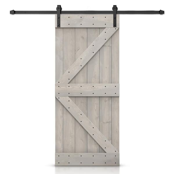 CALHOME K Series 24 in. x 84 in. Silver Gray Stained DIY Knotty Pine Wood Interior Sliding Barn Door with Hardware Kit