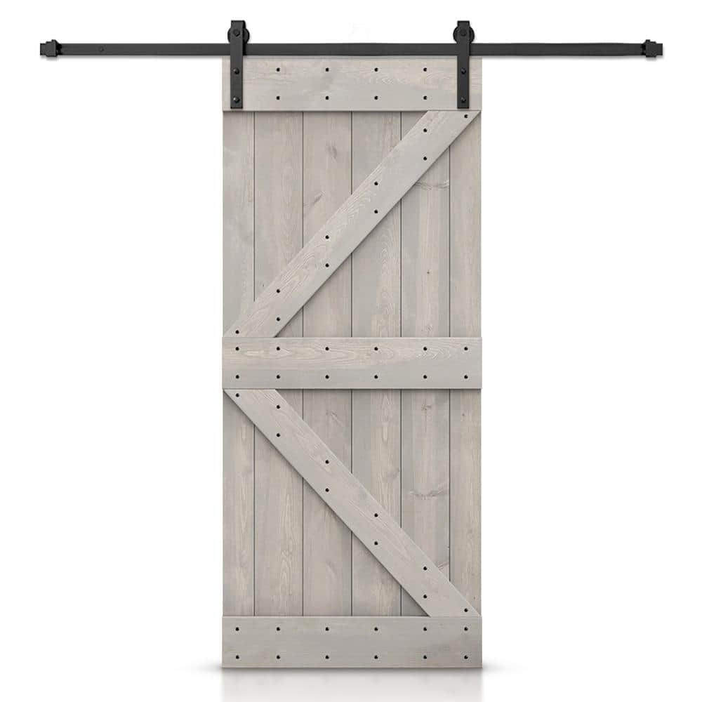 CALHOME 40 in. x 84 in. K-Series Silver Gray Stained DIY Knotty Pine Wood Interior Sliding Barn Door with Hardware Kit