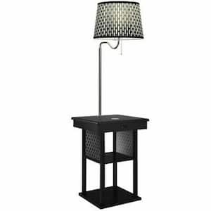 Madison 56 in. Classic Black Modern LED Bedside Table Lamp with Fabric Drum Shade and Built-In Wireless Charging Pad