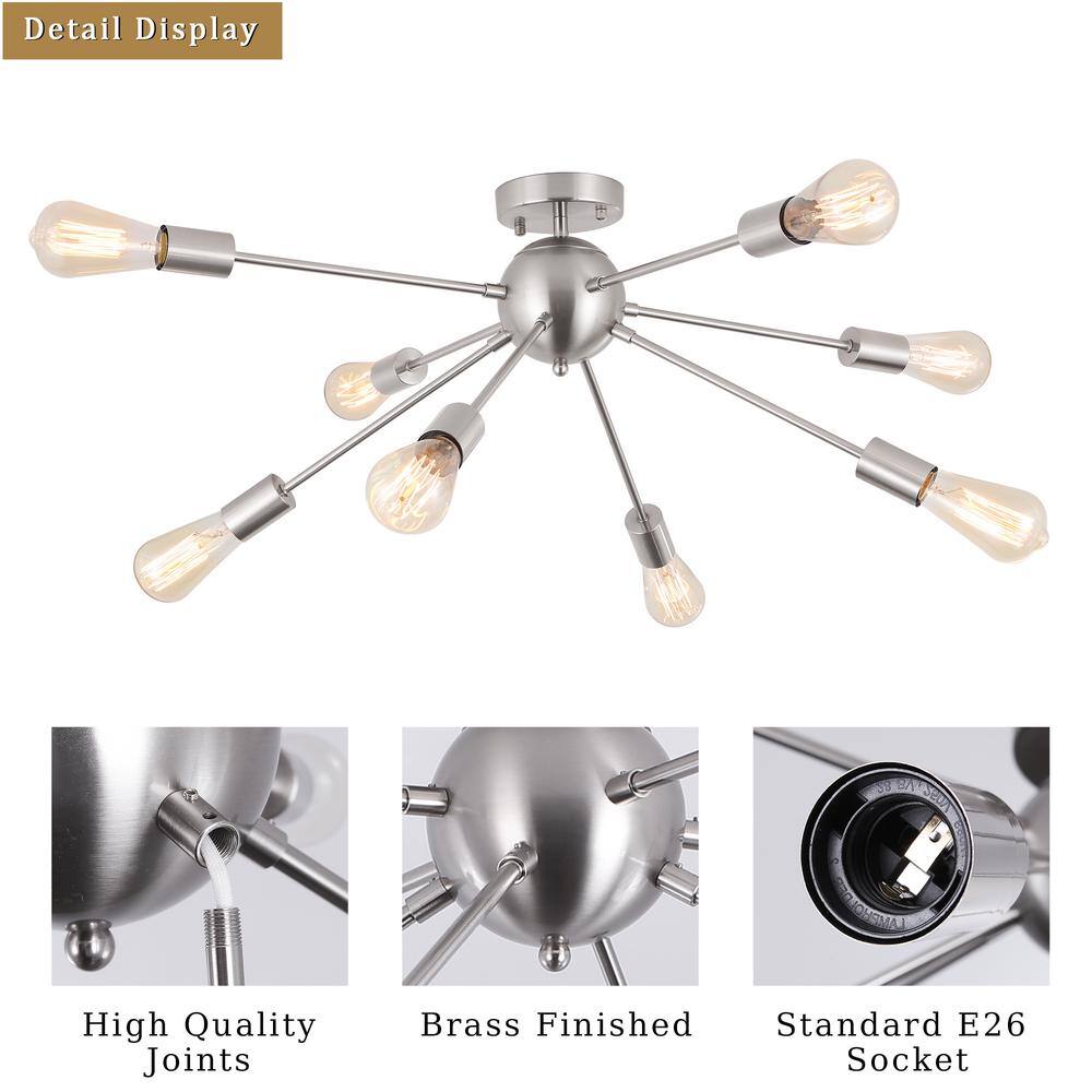 Nickel 8-Light Geometric Sputnik Semi Flush Mount Chandelier