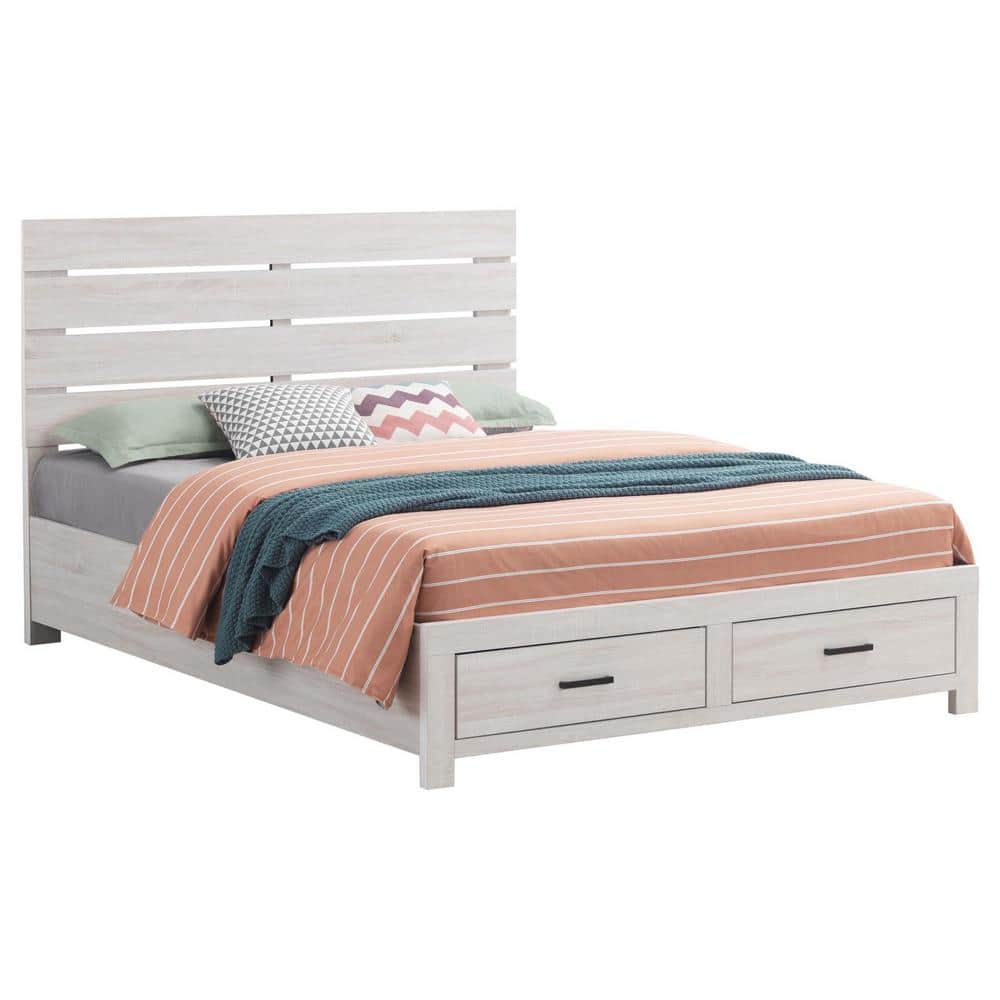 White King Wood Frame Storage Bed with Upholstered Headboard
