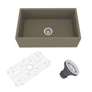 30 in. L Single Bowl Farmhouse Apron-Front Cement Kitchen Sink with Bottom Grid and Strainer Drain in Taupe