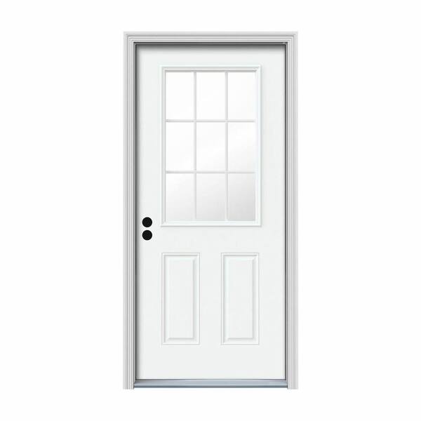 JELD-WEN 32 in. x 80 in. 9 Lite White Painted Steel Prehung Right-Hand Inswing Entry Door w/Brickmould