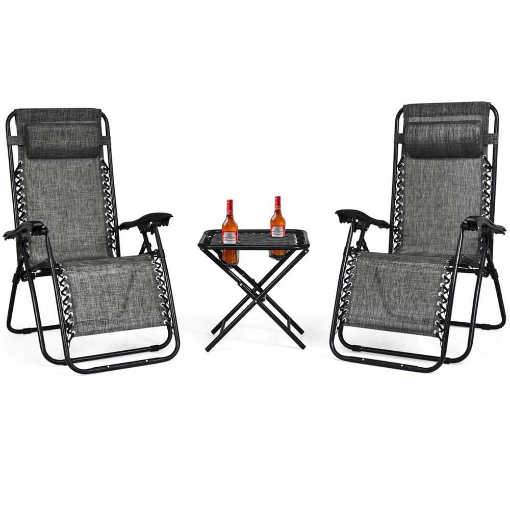 Outdoor 3-Pieces Folding Portable 0-Gravity Reclining Lounge Chairs with Ta