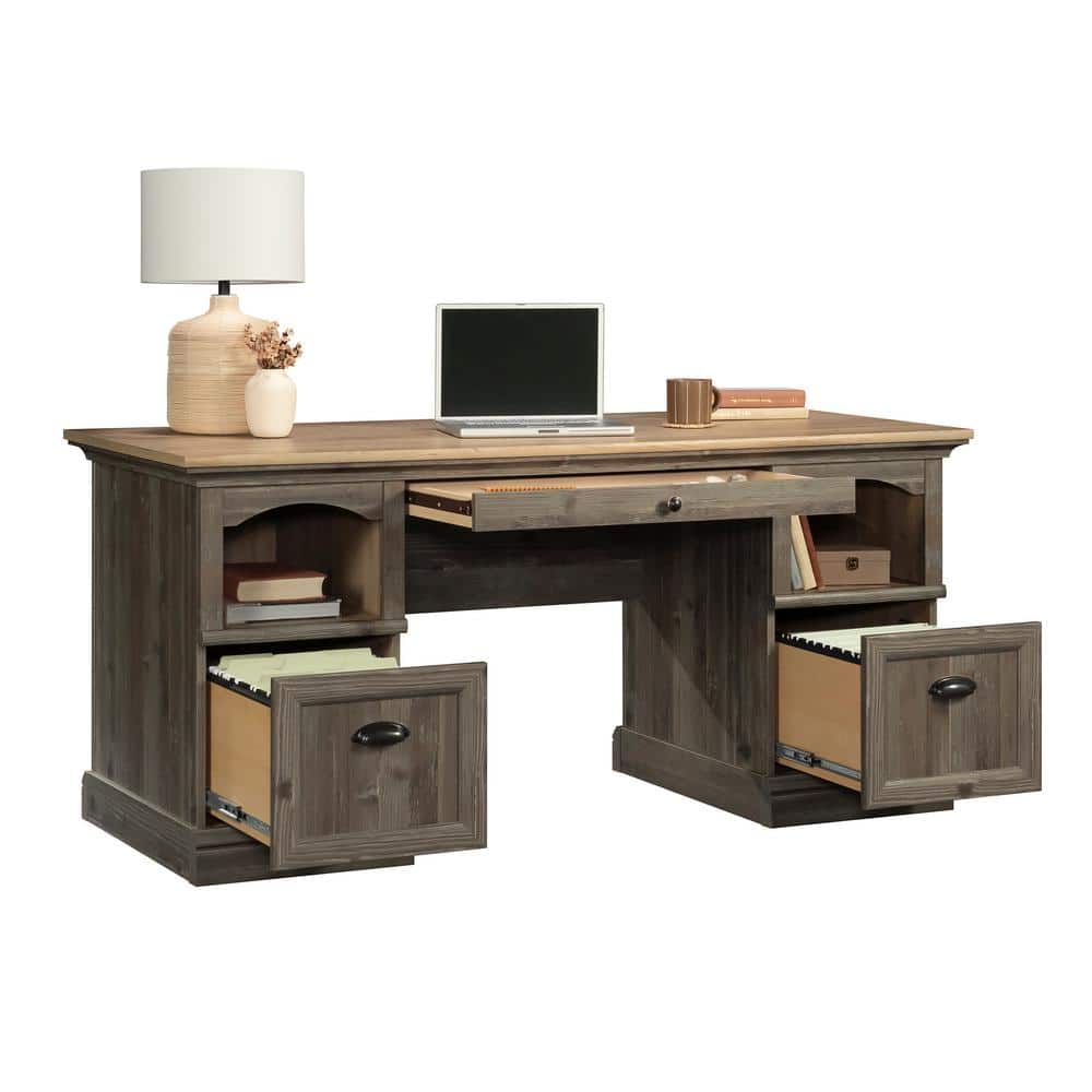 Pebble Pine Brown Executive Desk with Drawers and Filing Cabinet