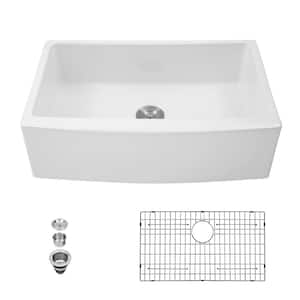 White Fireclay 30 in. Single Bowl Farmhouse Apron Front Kitchen Sink with Bottom Grid