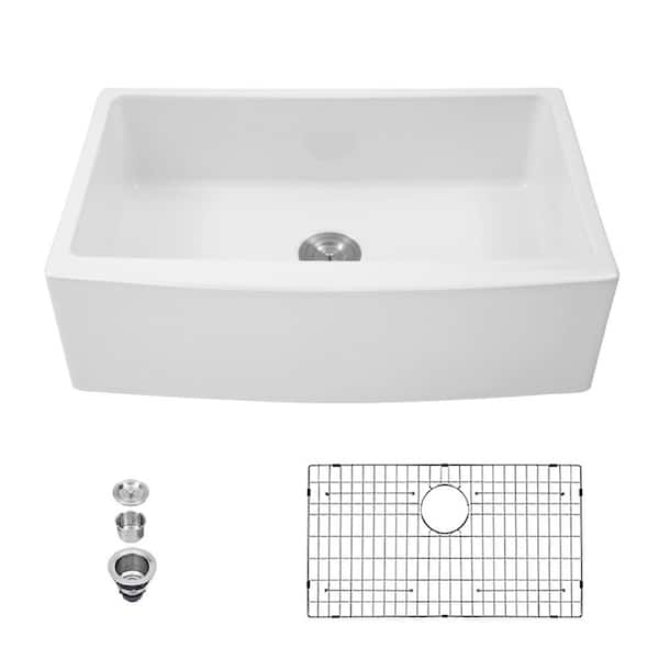 LORDEAR White Fireclay 30 in. Single Bowl Farmhouse Apron Front Kitchen Sink with Bottom Grid
