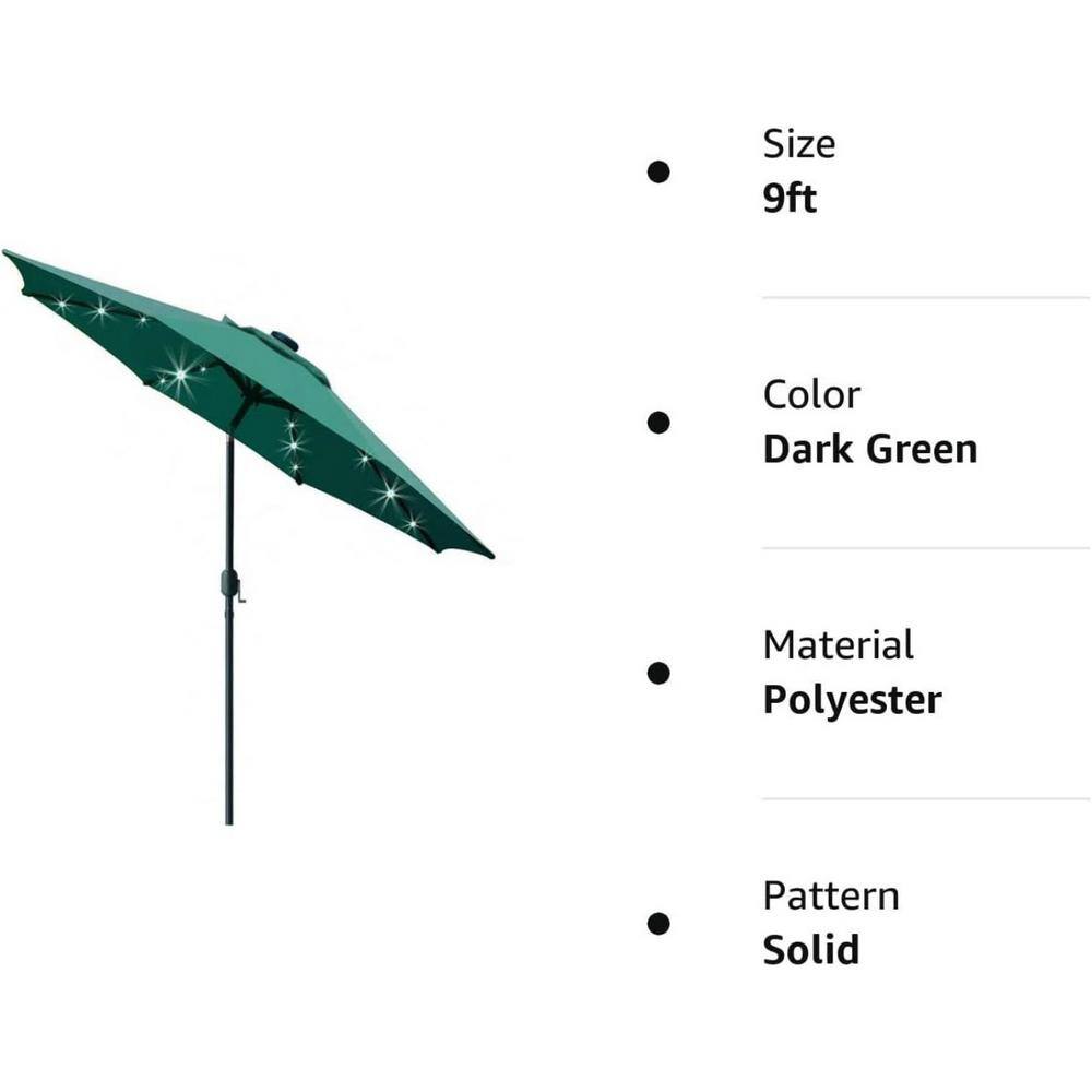 Dark Green 9' LED Lighted Market Patio Umbrella with Crank Lift