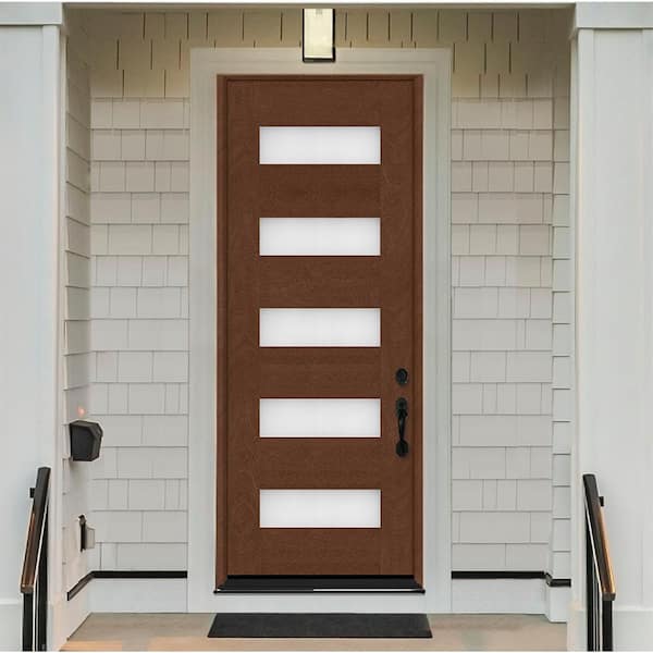 Regency 36 in. x 96 in. 5L Modern Frosted Glass LHIS Chestnut-Stained Fiberglass Prehung Front Door