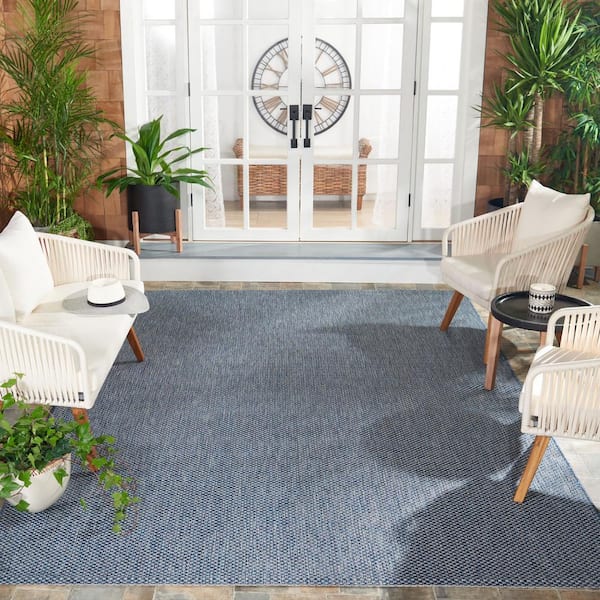 Courtyard Navy/Gray 8 ft. x 8 ft. Solid Distressed Indoor/Outdoor Patio  Square Area Rug