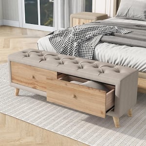 Beige Wooden Linen Top Ottoman Bench with 2-Drawers