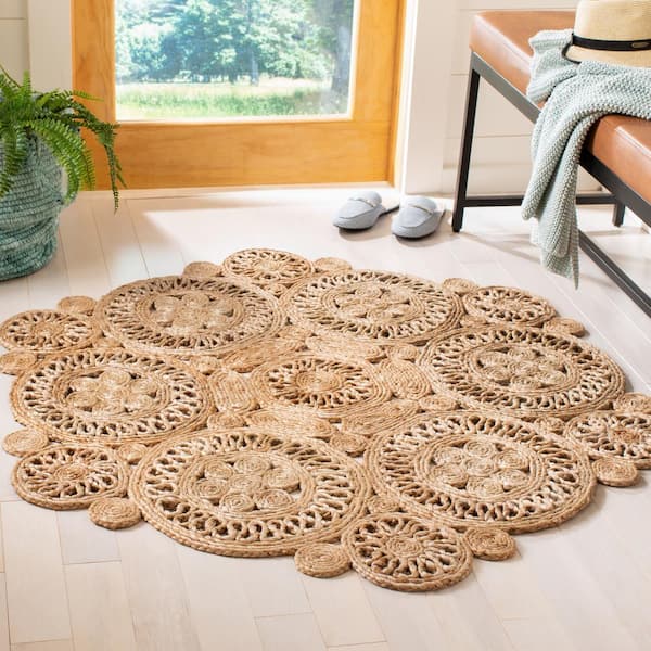 Natural Fiber Beige 4 ft. x 4 ft. Solid Color Round Area Rug