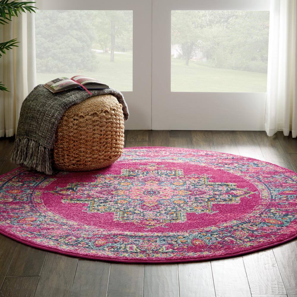 Bohemian Bliss Blue Floral Round Synthetic Easy-Care Rug, 5'3"