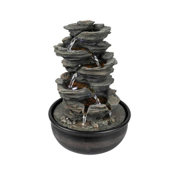 Watnature Rockery Indoor Tabletop Fountain with LED Lights, 15.7in 6-Tier Resin Crafted Stacked Rock Water Feature for Home Decor