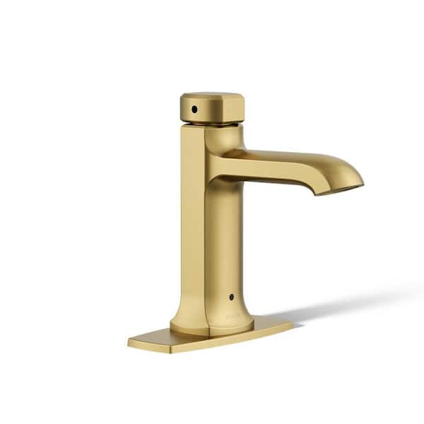 KOHLER Rubicon Battery Powered Touchless Single Hole Bathroom Faucet in Vibrant Brushed Moderne Brass