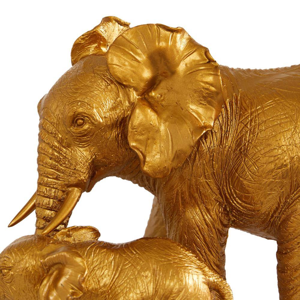 Gold Resin Elephant Figurine with Baby, 6" x 10" x 7"