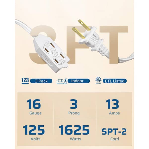 3 ft. 16/2 Gauge Indoor/Outdoor Power Cable with Mutiple Outlets, (3-Pack), White