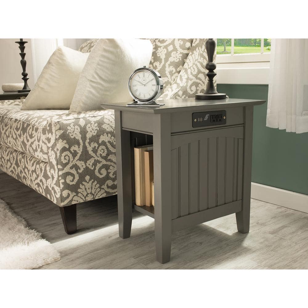 Gray Wood Chair Side Table with Charging Station