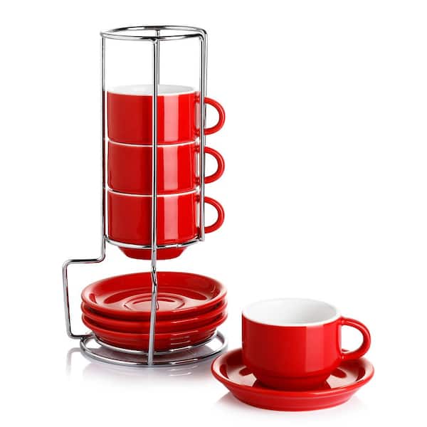 Stackable Mugs Tower Cup Set Stainless Steel Tea Cups with Stand Holder Rack 