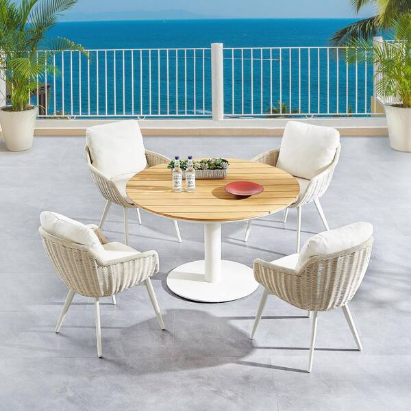 Salerno Beige 5-Piece Wicker Outdoor Dining Set with Beige Cushion