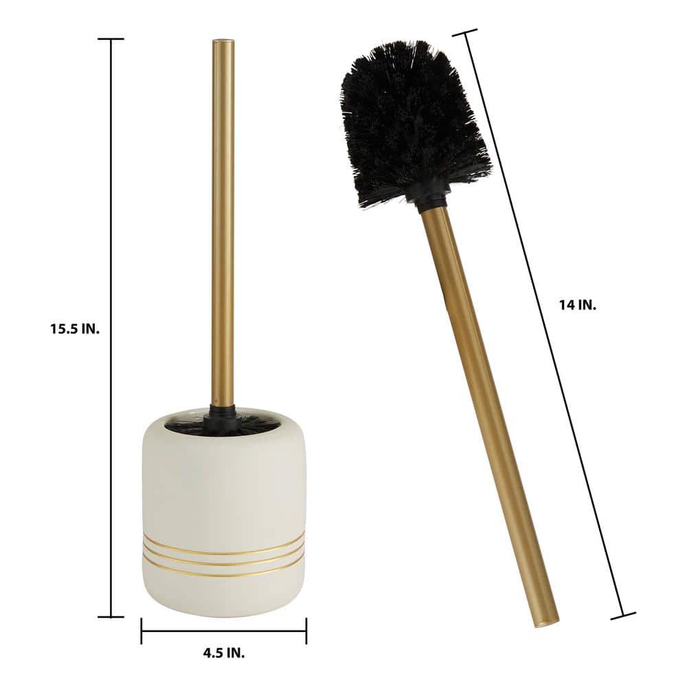 White and Gold Ceramic Toilet Brush Holder with Stainless Steel Handle