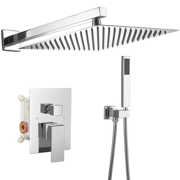 BWE Single-Handle 2-Spray Square High Pressure Shower Faucet 2.5 GPM with Shower Head in Polished Chrome (Valve Included)