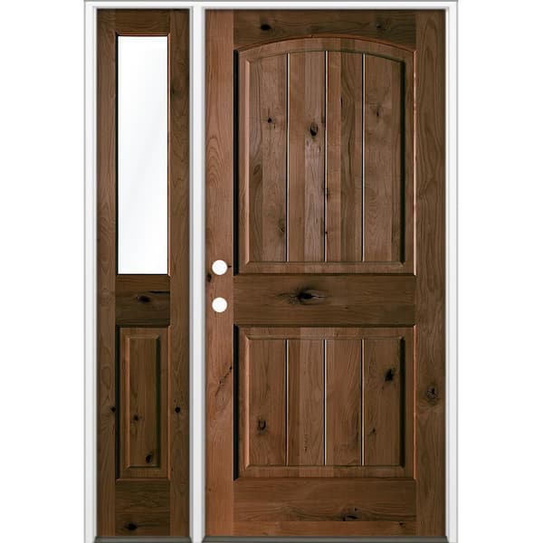 56 in. x 80 in. Knotty Alder Arch Top Right-Hand/Inswing Clear Glass BEHR Espresso Stain Wood Prehung Front Door w/ LHSL