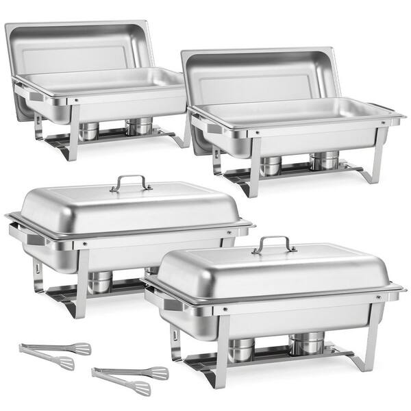 9 Qt. Rectangle Chafing Dish 4-Pack, Stainless Steel, Hollow Handle, 2 Tongs, Lid, Fuel Holder for Banquets, Parties