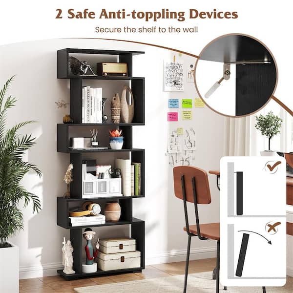 HONEY JOY 6-tier S-shaped Bookshelf 64 in. Tall Black Home Wood 2