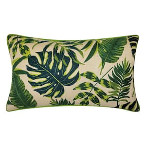 Green Multi Raffia Embroidered Leaves Indoor/Outdoor 12 x 20 Decorative Pillow