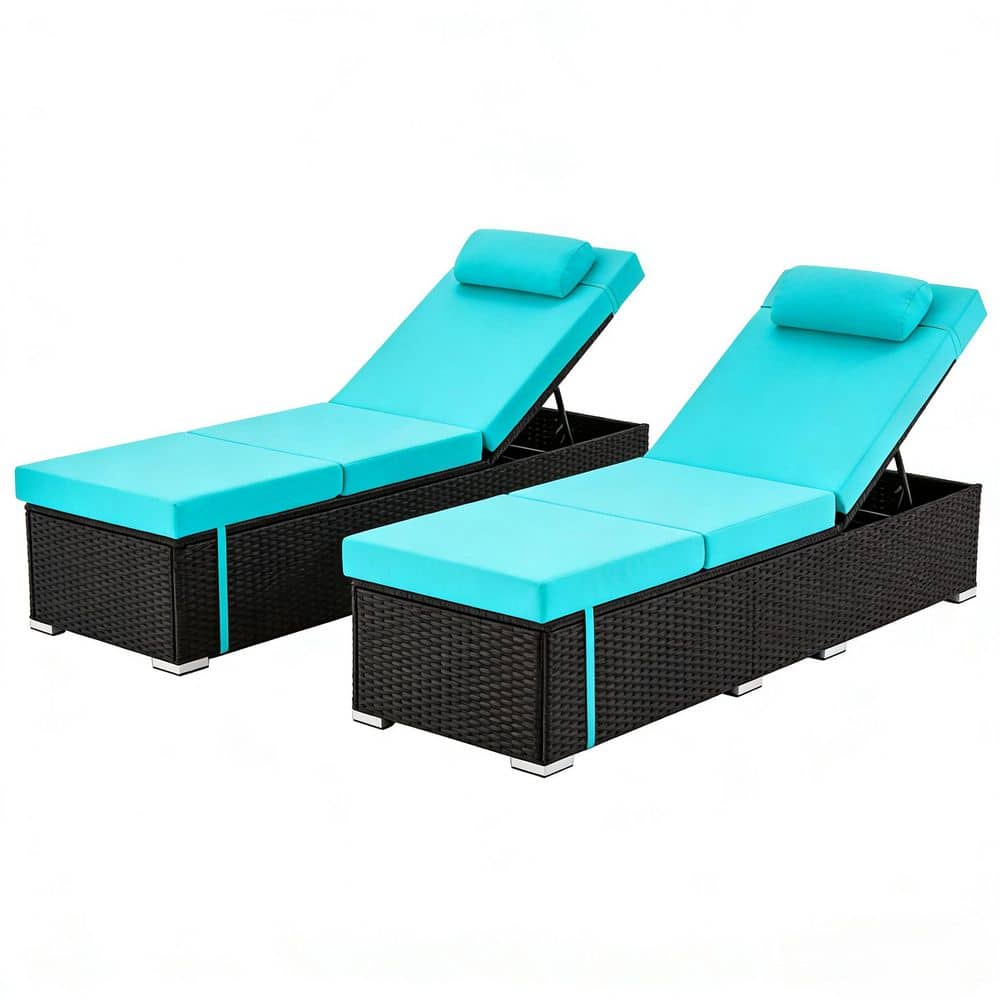 Outdoor Wicker Lounge Chair Set of 2 with Adjustable Backrest, 6-Position Reclining Chair, Blue Cushion for Backyard price history on PriceWatchPro