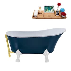 55 in. Acrylic Clawfoot Non-Whirlpool Bathtub in Matte Light Blue With Glossy White Clawfeet And Brushed Gold Drain