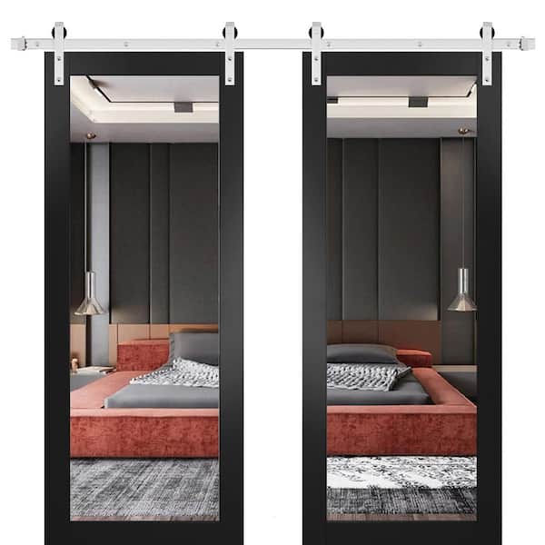 Sartodoors 30 in. x 84 in. 2 Panel Mirrored Glass Black Matte Solid Wood Sliding Barn Door with Hardware Kit