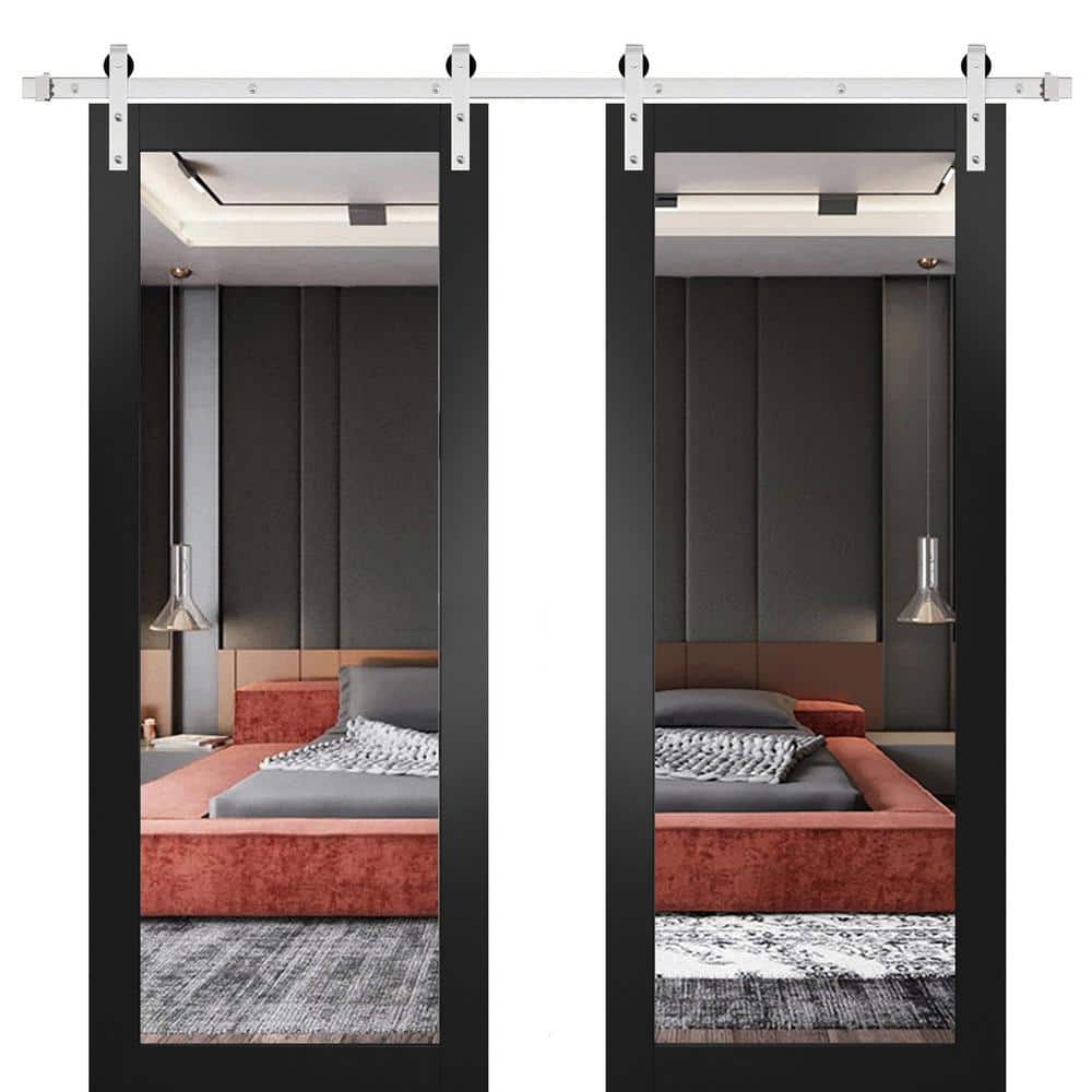 32 in. x 84 in. 2 Panel Mirrored Glass Black Matte Solid Wood Sliding Barn Door with Hardware Kit price history on PriceWatchPro