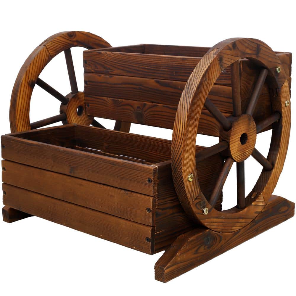 17 in. L x 18 in. W x 15 in. H Brown Outdoor Wood Wagon Planter Box Garden 