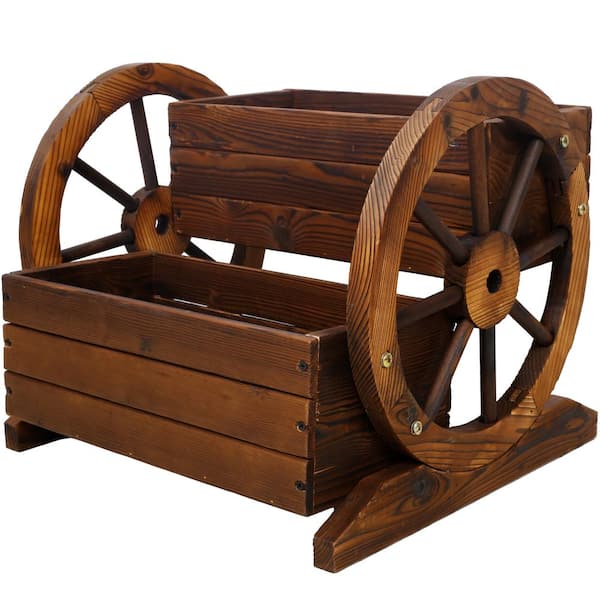 17 in. L x 18 in. W x 15 in. H Brown Outdoor Wood Wagon Planter Box Garden Planter with Wheels for Patio Garden Balcony