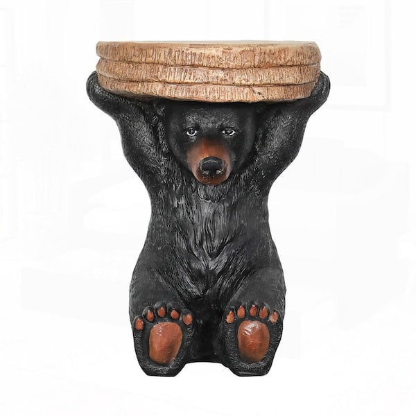 Rustic 20.8 in. Black Concrete Bear Side Table Sculpture for Outdoor Patio, Porch, or Living Room Decor
