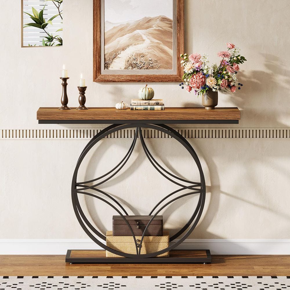 47 in. Rustic Brown Rectangle Engineered Wood Console Table, Industrial 2-Tier Sofa Table with Geometric Metal Frame