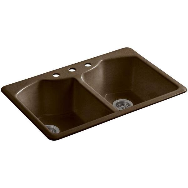 KOHLER Bellegrove Drop-In Cast-Iron 33 in. 3-Hole Double Bowl Kitchen Sink with Accessories in Black 'n Tan