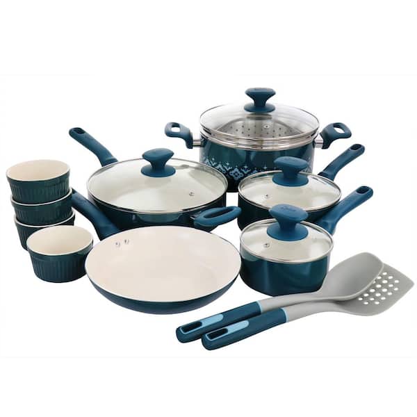 Spice BY TIA MOWRY Savory Saffron 16-Piece Ceramic Nonstick Cookware Set in Teal