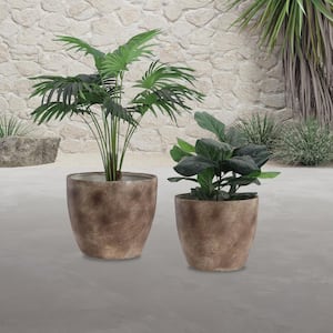 S/2 17/20 in. Resin Textured Planters in Brown