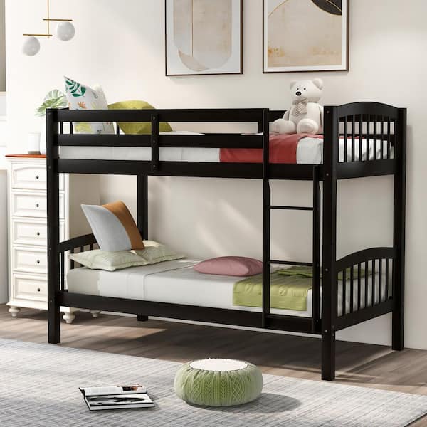 Harper & Bright Designs Espresso Twin over Twin Wood Bunk Bed with Ladder, Divided into 2 Separate Beds
