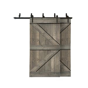 76 in. x 84 in. K Series Bypass Weather Gray Stained Solid Pine Wood Interior Double Sliding Barn Door with Hardware Kit