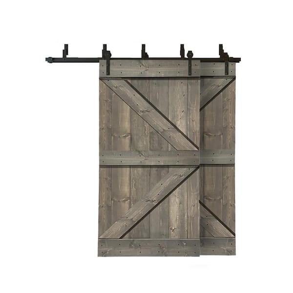 CALHOME 84 in. x 84 in. K Series Bypass Weather Gray Stained Solid Pine Wood Interior Double Sliding Barn Door with Hardware Kit