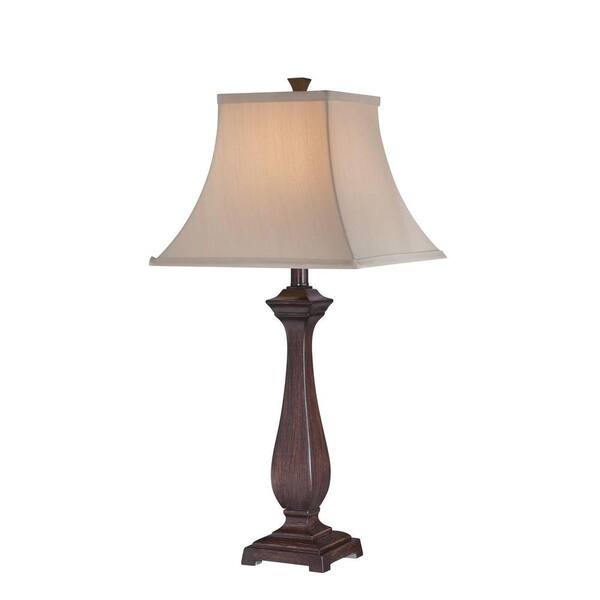 Illumine 27 in. Walnut Table Lamp with Beige Fabric Shade