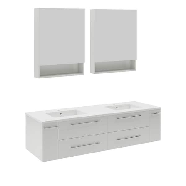 Fresca Lucera 60 in. Double Sink Wall Mount White Bath Vanity with White Quartz Top, Undermount Sinks and Medicine Cabinets