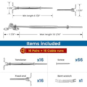 16-Pairs T316 180° 1/8 in. Swage Toggle Turnbuckle Hardware, Cable Railing Kit for Wood Post Wire Rope, Marine Grade