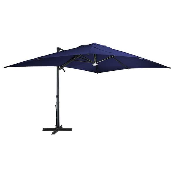 Clihome 10 x 13 ft. Cantilever Umbrella Rectangular Crank Market Tilt Patio Umbrella w Bluetooth Light in Navy Blue